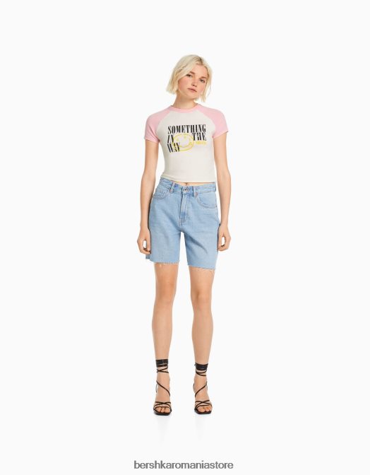 Bershka femei tricou cu imprimeu nirvana cu maneci scurte raglan roz Z86D470 îmbrăcăminte