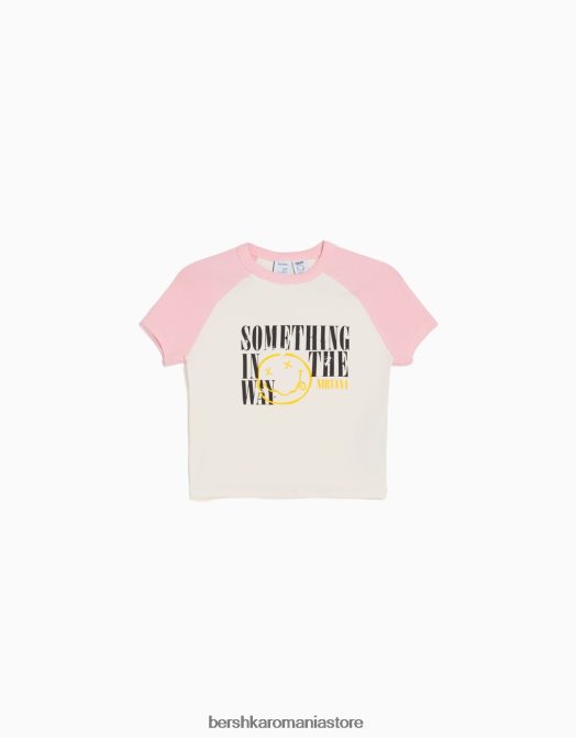 Bershka femei tricou cu imprimeu nirvana cu maneci scurte raglan roz Z86D470 îmbrăcăminte