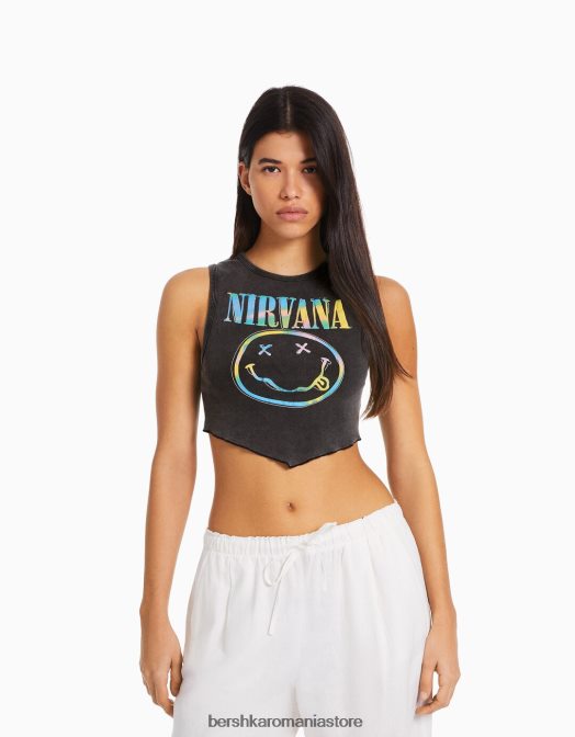 Bershka femei tricou cu imprimeu nirvana fără mâneci gri inchis Z86D291 îmbrăcăminte