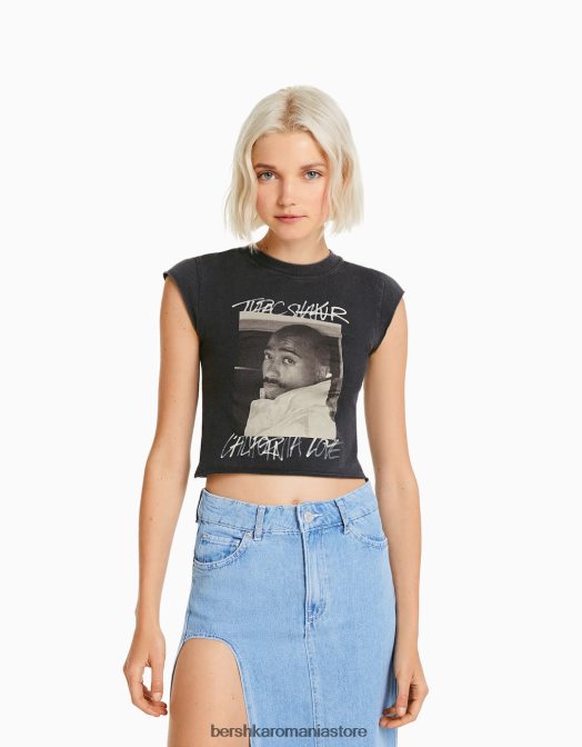 Bershka femei tricou cu imprimeu tăiat fără mâneci tupac gri Z86D289 îmbrăcăminte