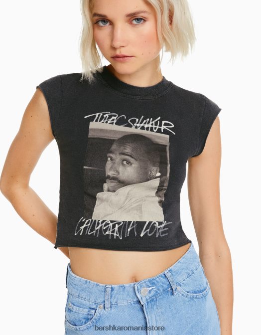 Bershka femei tricou cu imprimeu tăiat fără mâneci tupac gri Z86D289 îmbrăcăminte