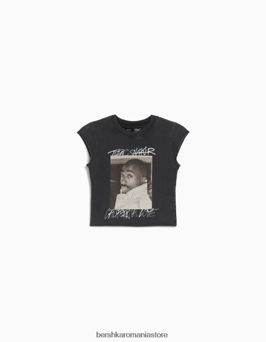 Bershka femei tricou cu imprimeu tăiat fără mâneci tupac gri Z86D289 îmbrăcăminte