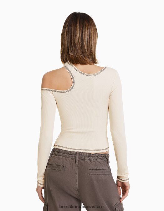 Bershka femei tricou cu mânecă lungă cu fire contrastante cremă Z86D374 îmbrăcăminte
