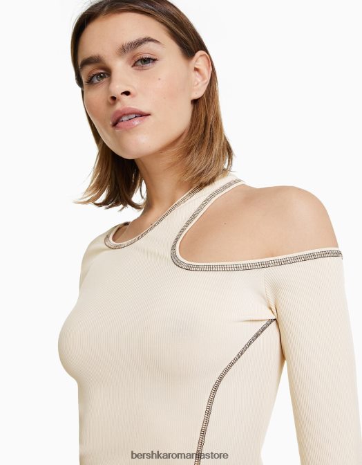 Bershka femei tricou cu mânecă lungă cu fire contrastante cremă Z86D374 îmbrăcăminte