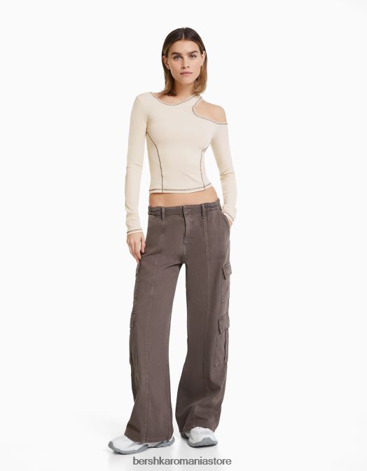 Bershka femei tricou cu mânecă lungă cu fire contrastante cremă Z86D374 îmbrăcăminte