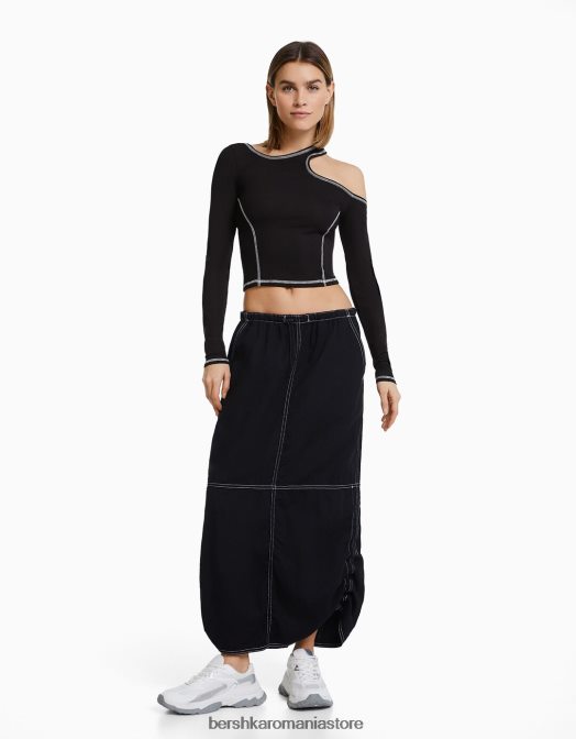 Bershka femei tricou cu mânecă lungă cu fire contrastante negru Z86D373 îmbrăcăminte