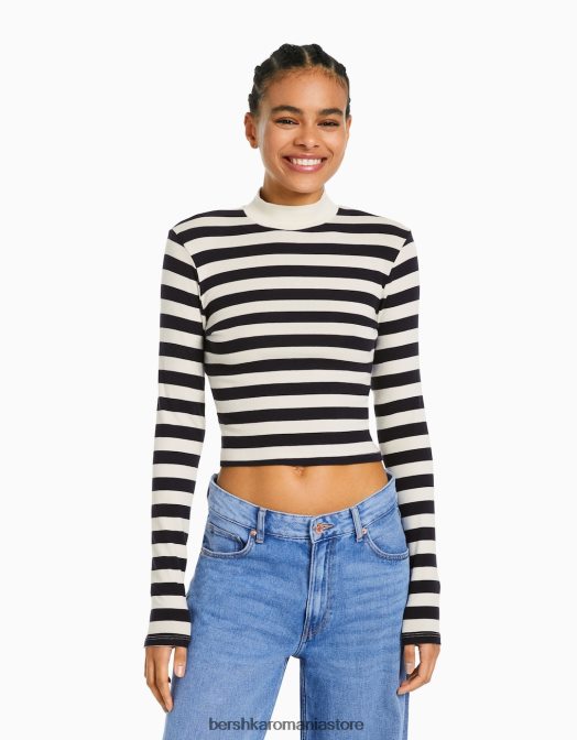 Bershka femei tricou cu mânecă lungă cu gât înalt alb negru Z86D409 îmbrăcăminte