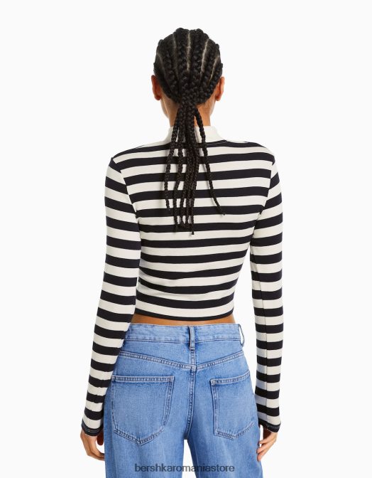 Bershka femei tricou cu mânecă lungă cu gât înalt alb negru Z86D409 îmbrăcăminte