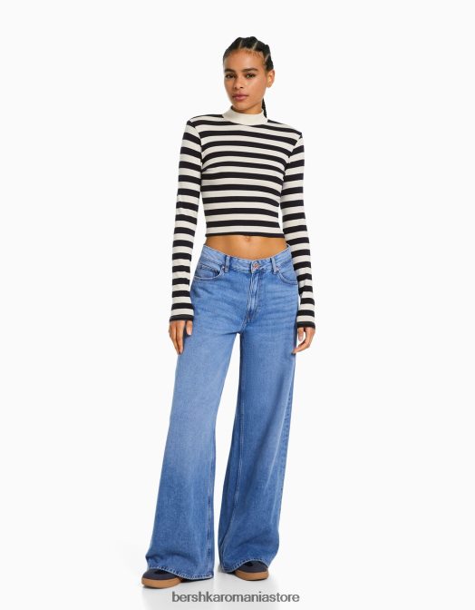 Bershka femei tricou cu mânecă lungă cu gât înalt alb negru Z86D409 îmbrăcăminte