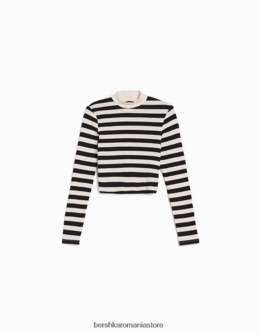 Bershka femei tricou cu mânecă lungă cu gât înalt alb negru Z86D409 îmbrăcăminte