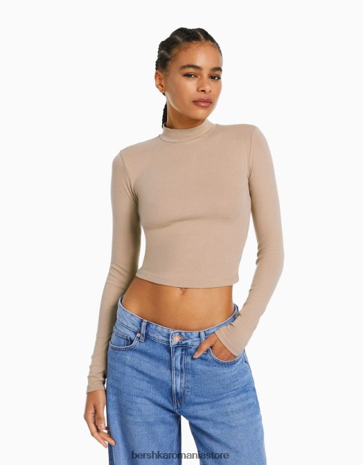 Bershka femei tricou cu mânecă lungă cu gât înalt cămilă Z86D411 îmbrăcăminte