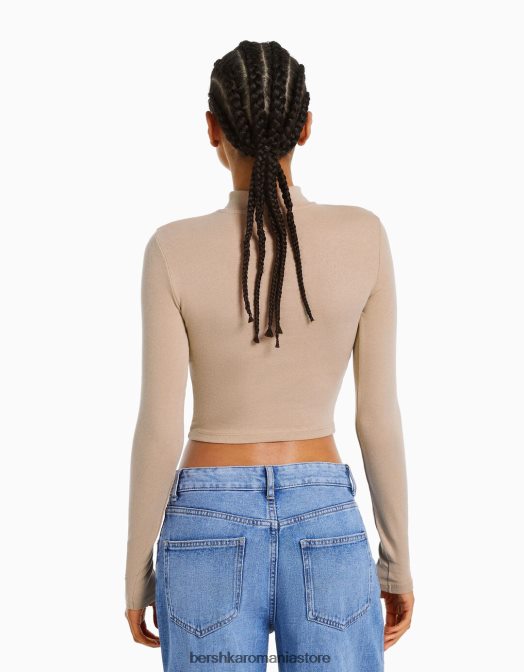 Bershka femei tricou cu mânecă lungă cu gât înalt cămilă Z86D411 îmbrăcăminte