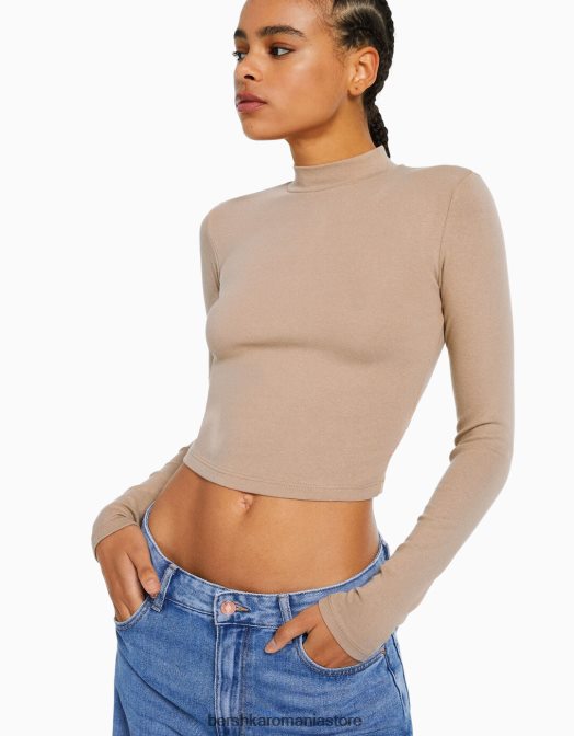 Bershka femei tricou cu mânecă lungă cu gât înalt cămilă Z86D411 îmbrăcăminte