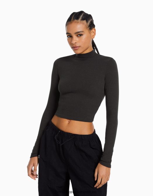 Bershka femei tricou cu mânecă lungă cu gât înalt gri inchis Z86D406 îmbrăcăminte