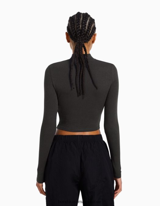 Bershka femei tricou cu mânecă lungă cu gât înalt gri inchis Z86D406 îmbrăcăminte