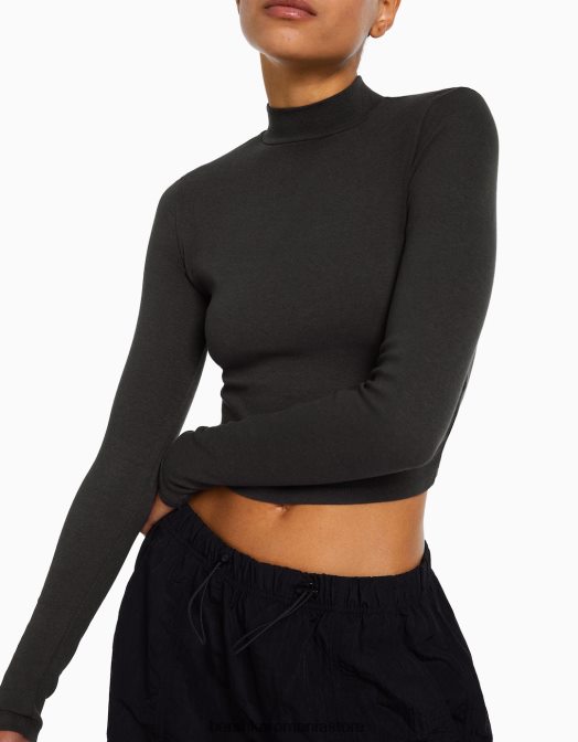 Bershka femei tricou cu mânecă lungă cu gât înalt gri inchis Z86D406 îmbrăcăminte