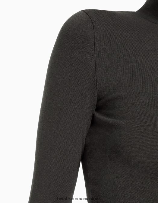 Bershka femei tricou cu mânecă lungă cu gât înalt gri inchis Z86D406 îmbrăcăminte