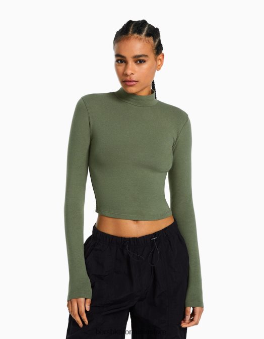 Bershka femei tricou cu mânecă lungă cu gât înalt kaki Z86D410 îmbrăcăminte