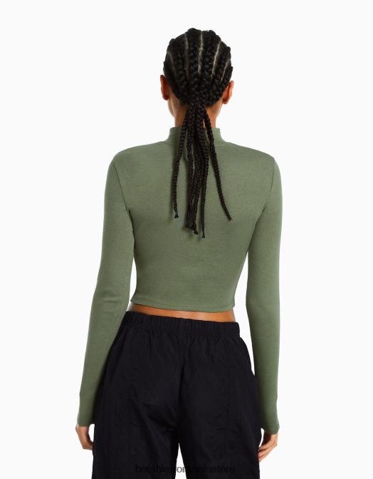 Bershka femei tricou cu mânecă lungă cu gât înalt kaki Z86D410 îmbrăcăminte
