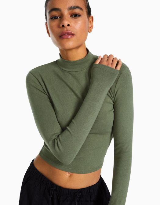 Bershka femei tricou cu mânecă lungă cu gât înalt kaki Z86D410 îmbrăcăminte