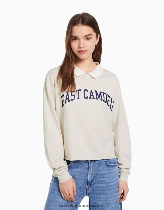 Bershka femei tricou cu mânecă lungă cu guler polo imprimat piatră Z86D620 îmbrăcăminte