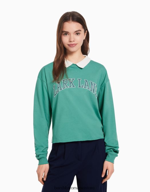 Bershka femei tricou cu mânecă lungă cu guler polo imprimat verde Z86D621 îmbrăcăminte