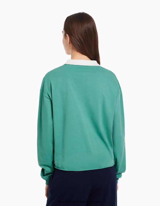 Bershka femei tricou cu mânecă lungă cu guler polo imprimat verde Z86D621 îmbrăcăminte