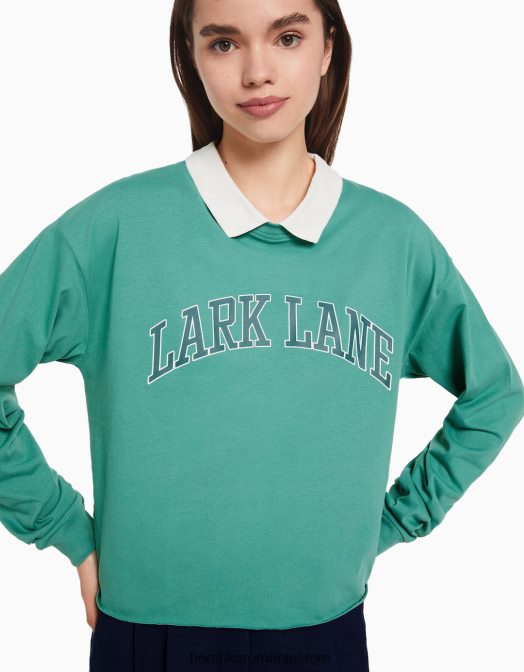 Bershka femei tricou cu mânecă lungă cu guler polo imprimat verde Z86D621 îmbrăcăminte