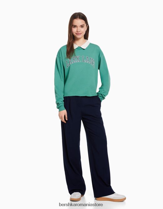 Bershka femei tricou cu mânecă lungă cu guler polo imprimat verde Z86D621 îmbrăcăminte