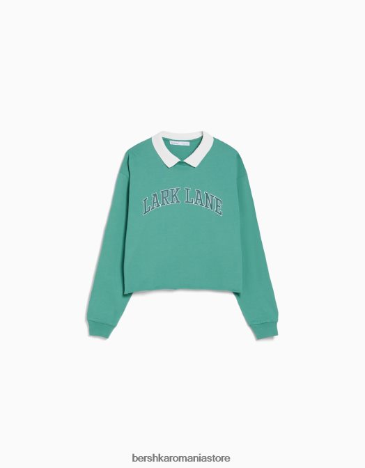 Bershka femei tricou cu mânecă lungă cu guler polo imprimat verde Z86D621 îmbrăcăminte