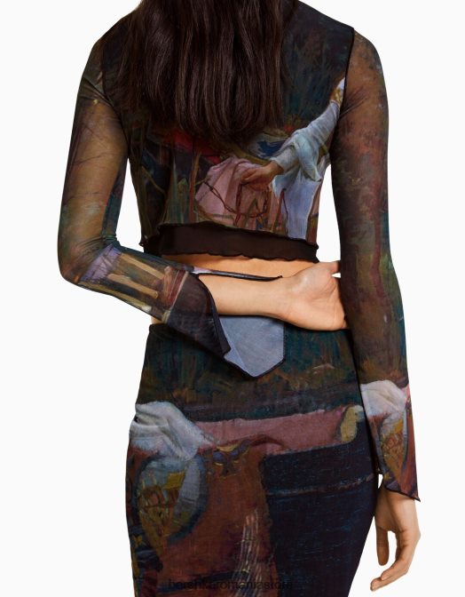 Bershka femei tricou cu mânecă lungă cu imprimeu art series negru Z86D487 îmbrăcăminte