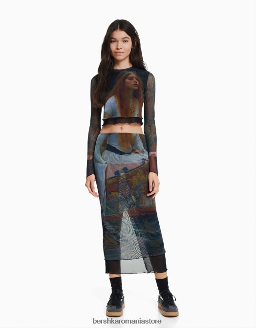 Bershka femei tricou cu mânecă lungă cu imprimeu art series negru Z86D487 îmbrăcăminte