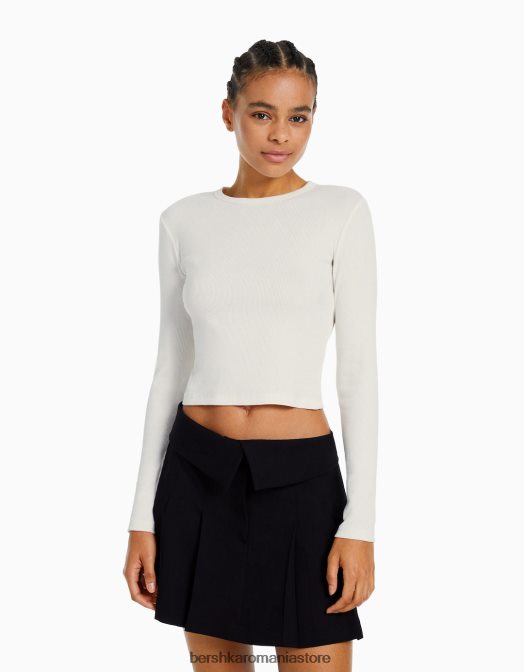 Bershka femei tricou cu mânecă lungă cu nervuri alb Z86D436 îmbrăcăminte