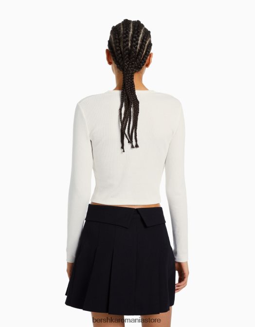 Bershka femei tricou cu mânecă lungă cu nervuri alb Z86D436 îmbrăcăminte