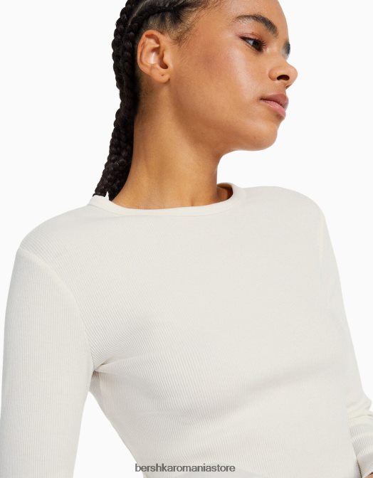 Bershka femei tricou cu mânecă lungă cu nervuri alb Z86D436 îmbrăcăminte