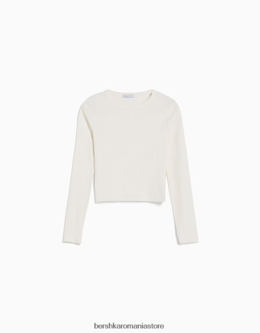 Bershka femei tricou cu mânecă lungă cu nervuri alb Z86D436 îmbrăcăminte