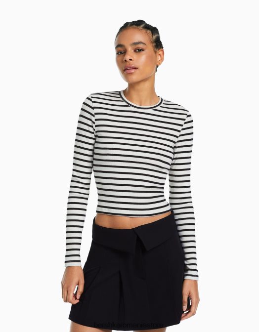Bershka femei tricou cu mânecă lungă cu nervuri alb negru Z86D435 îmbrăcăminte