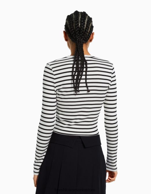 Bershka femei tricou cu mânecă lungă cu nervuri alb negru Z86D435 îmbrăcăminte