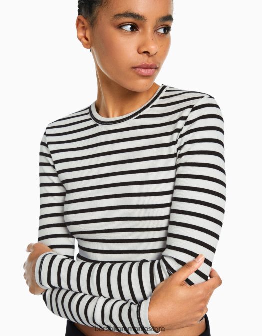 Bershka femei tricou cu mânecă lungă cu nervuri alb negru Z86D435 îmbrăcăminte