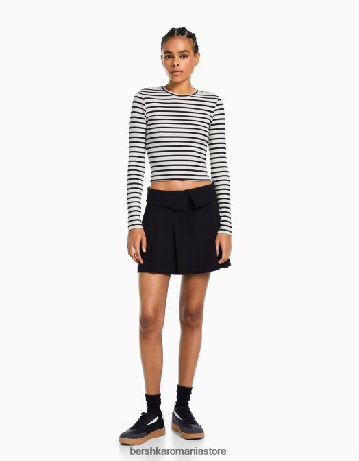 Bershka femei tricou cu mânecă lungă cu nervuri alb negru Z86D435 îmbrăcăminte