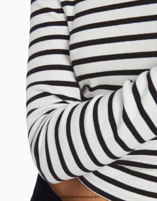 Bershka femei tricou cu mânecă lungă cu nervuri alb negru Z86D435 îmbrăcăminte