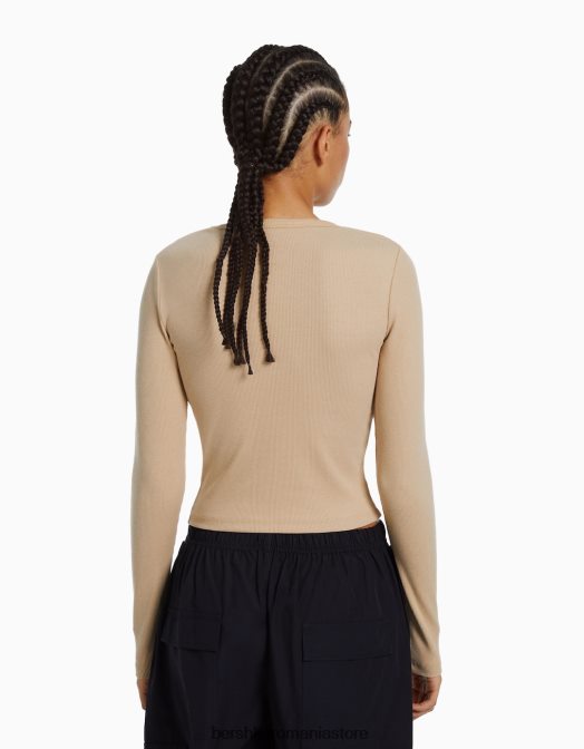 Bershka femei tricou cu mânecă lungă cu nervuri cămilă Z86D576 îmbrăcăminte