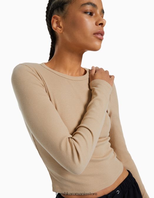 Bershka femei tricou cu mânecă lungă cu nervuri cămilă Z86D576 îmbrăcăminte