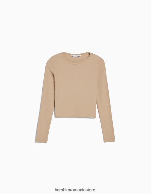 Bershka femei tricou cu mânecă lungă cu nervuri cămilă Z86D576 îmbrăcăminte