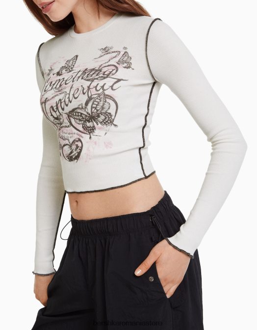 Bershka femei tricou cu mânecă lungă cu nervuri cremă Z86D641 îmbrăcăminte