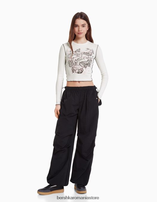 Bershka femei tricou cu mânecă lungă cu nervuri cremă Z86D641 îmbrăcăminte