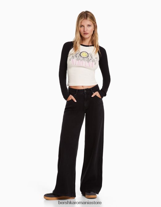 Bershka femei tricou cu mânecă lungă cu nervuri cu imprimeu nirvana aproape alb Z86D554 îmbrăcăminte