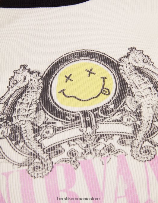 Bershka femei tricou cu mânecă lungă cu nervuri cu imprimeu nirvana aproape alb Z86D554 îmbrăcăminte