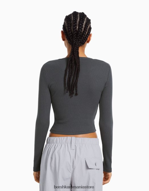 Bershka femei tricou cu mânecă lungă cu nervuri gri inchis Z86D434 îmbrăcăminte