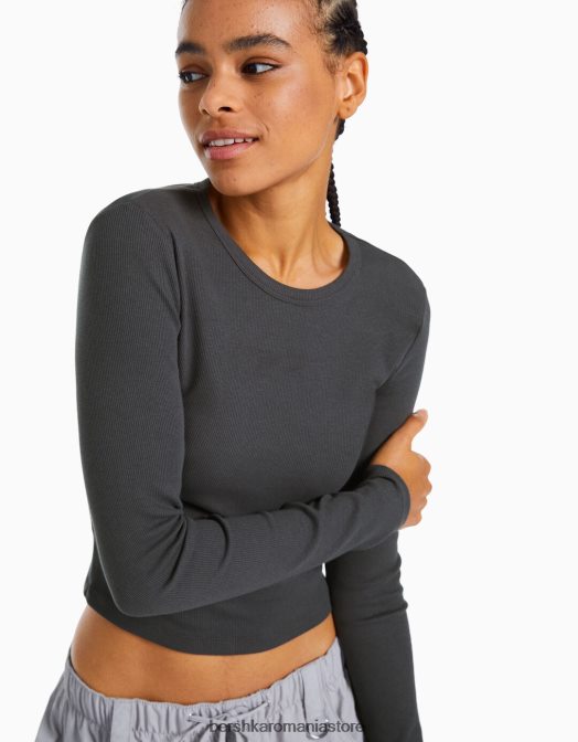 Bershka femei tricou cu mânecă lungă cu nervuri gri inchis Z86D434 îmbrăcăminte